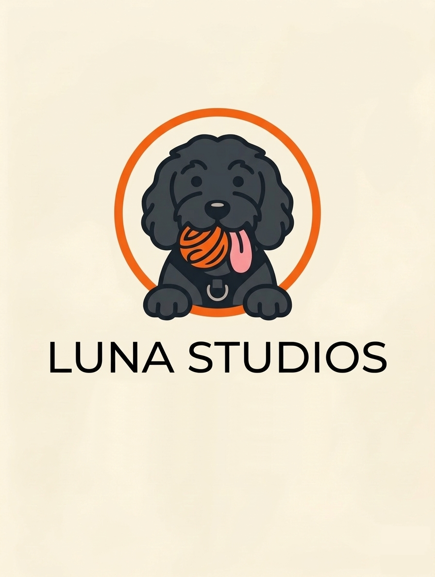Luna Studios - Logo, showing a cartoon style cute dog with a ball in its mouth and tongue out